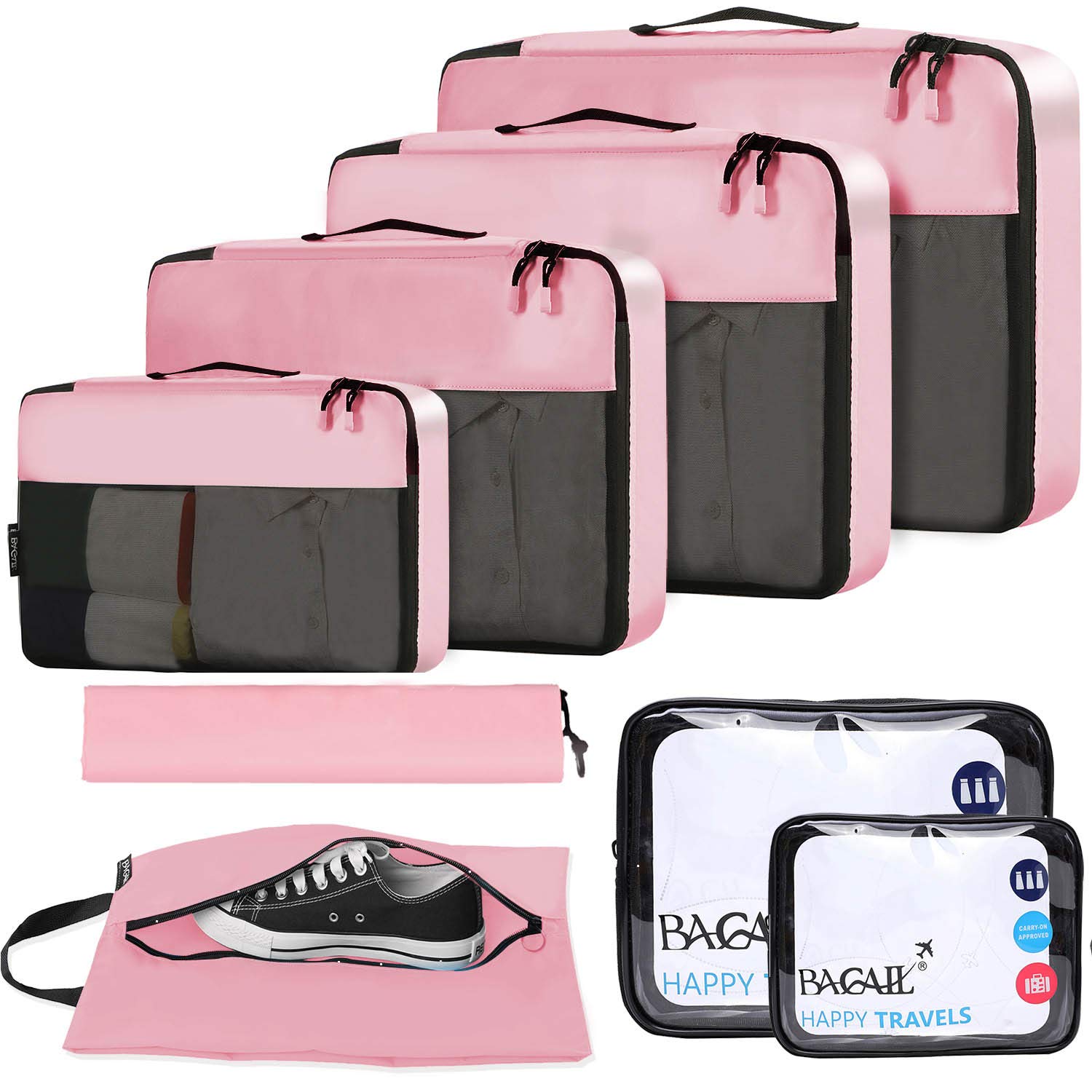 Photo 1 of BAGAIL 8 Set/9 Set Packing Cubes Luggage Packing Organizer for Travel, Suitcase Packing Bags for Travel Accessories(Pink, 8 Set)