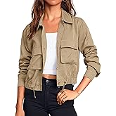 Onedreamer Women's Military Safari Cropped Jackets Button Down Lightweight Oversized Utility Anorak Coat with Pockets
