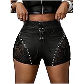 SHENHE Women's Plus Size Y2K Studded Lace Up Leather Shorts Sheer Lace Sexy Hot Pants Clubwear