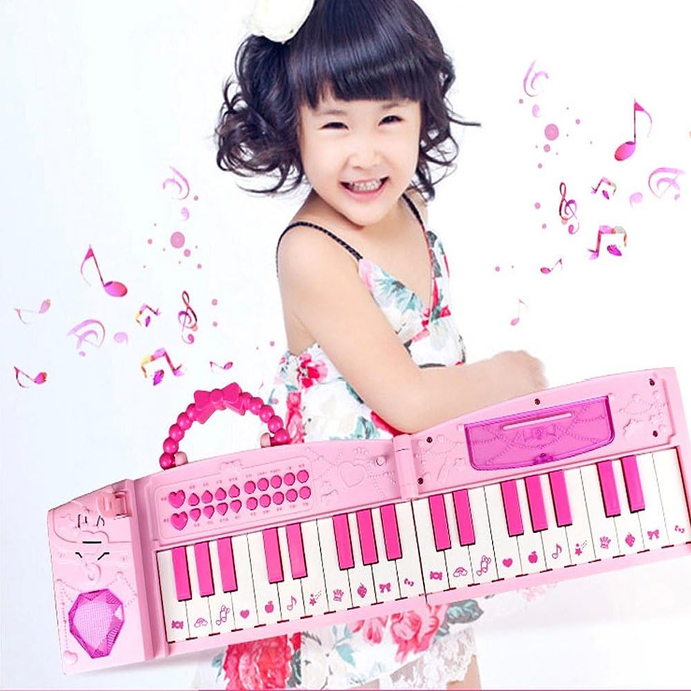Hanmun 1 Kids Electronic Musical Karaoke Folded Multifunction 37 Keys Keyboard Piano Instrument for 3+ Girls with Real Working Microphone and Colorful Light MP3 Record Sing Pink