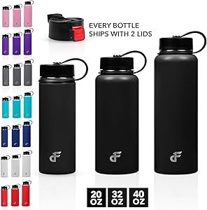 Day 1 Fitness 20 oz. Double Wall SS Wide Mouth Water Bottle 2 Lids Black