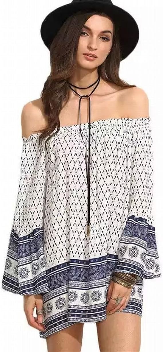 Amazon Ric リック オフショルダーワンピース 長袖 シフォン オフショル ワンピース ボヘミアン 花柄 M L Xl 大きい サイズ ゆったり 楽ちん シルエット 体型カバー チュニック カジュアル ドレス トレンド スタイル パーティ 二次会 お出かけ お呼ばれ 記念日 デート