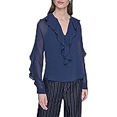Karl Lagerfeld Womens Long Ruffle Tie Keyhole Neckline Everyday Blouse