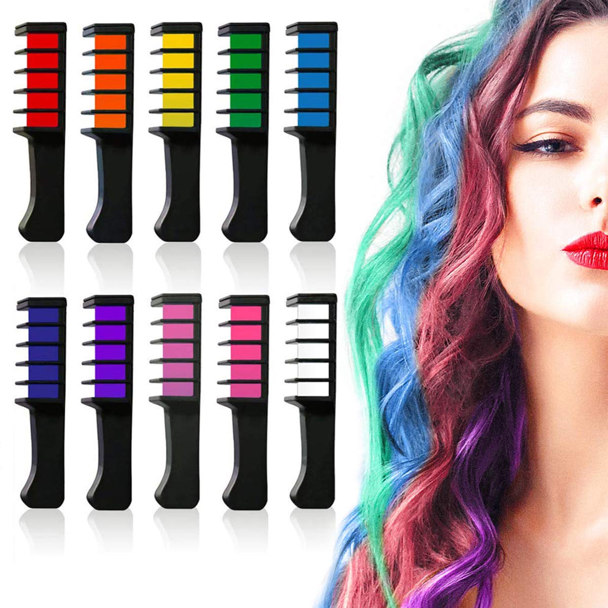 10 Color Temporary Bright Hair Chalk Comb Set - Birthday Gifts Halloween Costume Cosplay Party Favors for Girls Kids Adults