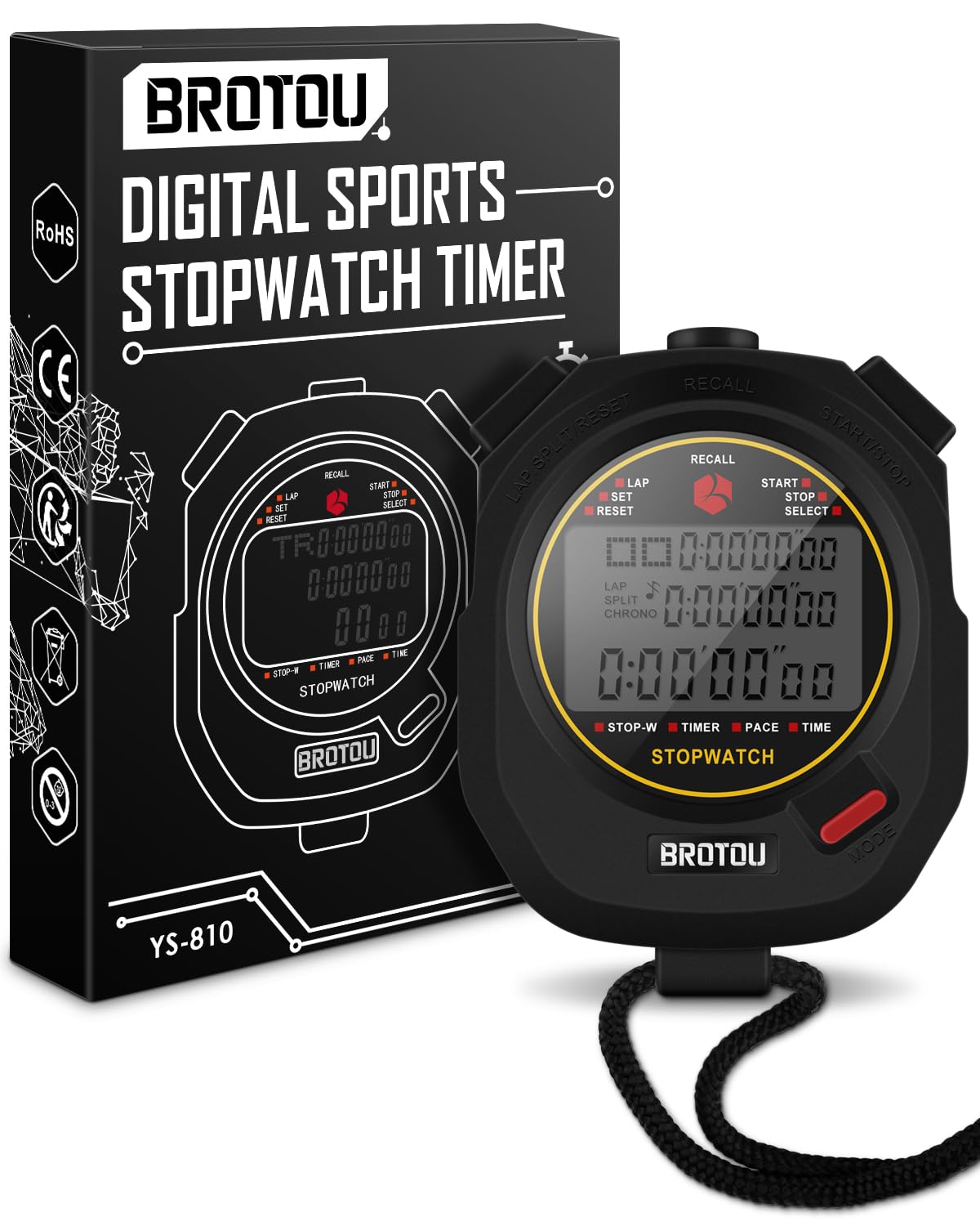 Digital Sports Stopwatch, BROTOU Professional 10 Laps/Splits Stopwatch Timer with Timer Clock Countdown Calendar Alarm, Multi Handheld Stopwatch Timer for Sports Fitness Coaches Referee