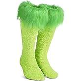 ShinyMatch Christmas Lime Green Furry Slipper Warm Socks Christmas Slipper Fuzzy Warm Socks with Green Furry Faux Fur Non Slip Stocking Gifts for Adults Costume