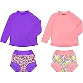 BIG ELEPHANT 2 Pcs Rash Guard Swim Diapers Sets for Unisex Baby, Boys Girls Long Sleeve Swimsuit with UPF 50+ Sun Protection