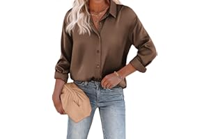 Chigant Women's Blouse Satin Silk Shirts Button Down Shirts Casual Loose Long Sleeve Office Work Tunic Tops