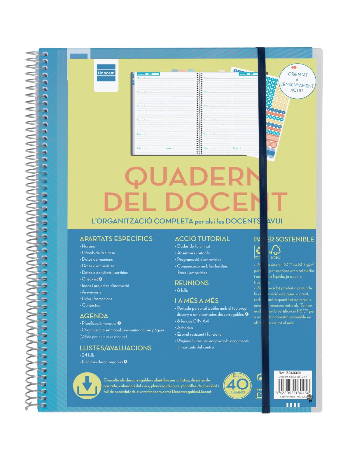 Finocam - Teacher's Notebook | Week by Page | 46 Weeks Without Date | 24 Sheets of Reviews | 269 Stickers | 6 Transparent Covers, Large, Polypropylene | Catalan โ image 1