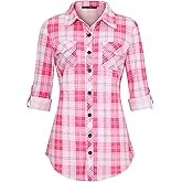 DJT Womens Soft Stretchy Knit Plaid Shirts Roll Up Long Sleeve Collared Button Down Blouses Tops