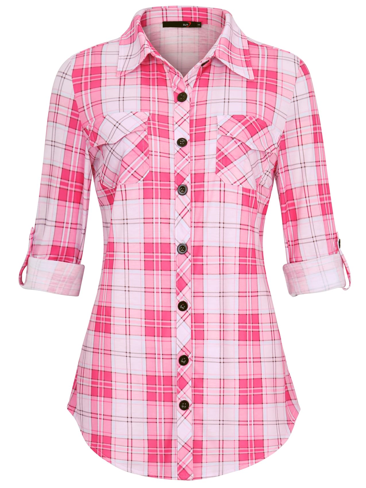DJT Womens Soft Stretchy Knit Plaid Shirts Roll Up Long Sleeve Collared Button Down Blouses Tops Large Vibrant Pink Image