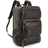 Full Grain Leather Backpack for Men, 17" Laptop Travel Rucksack, Brown | Premium Cowhide Leather, YKK Zippers, Business Trip, 32L, Ergonomic S-Straps, Water Bottle Pocket