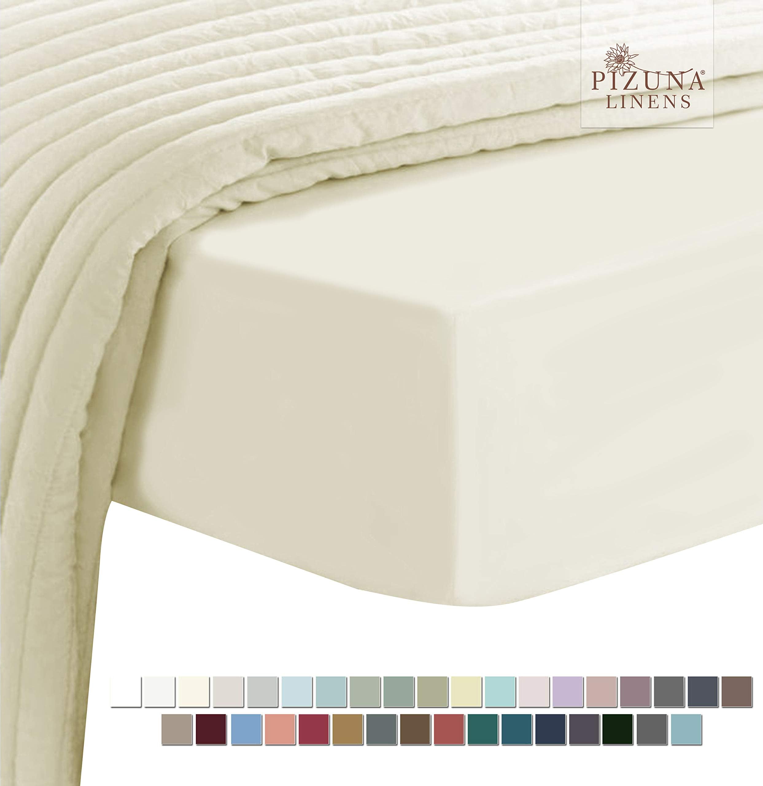 Pizuna Pure 100% Cotton Twin Fitted Sheet Cream, Luxurious 400 Thread Count Long Staple Cotton Sateen 15" Deep Pocket Twin Sheets (Combed Cotton Fitted Sheet)