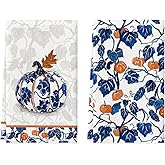 Artoid Mode Blue Pumpkin Fall Kitchen Towels Dish Towels, 18x26 Inch Autumn Floral Leaves Thanksgiving Decoration Hand Towels Set of 2