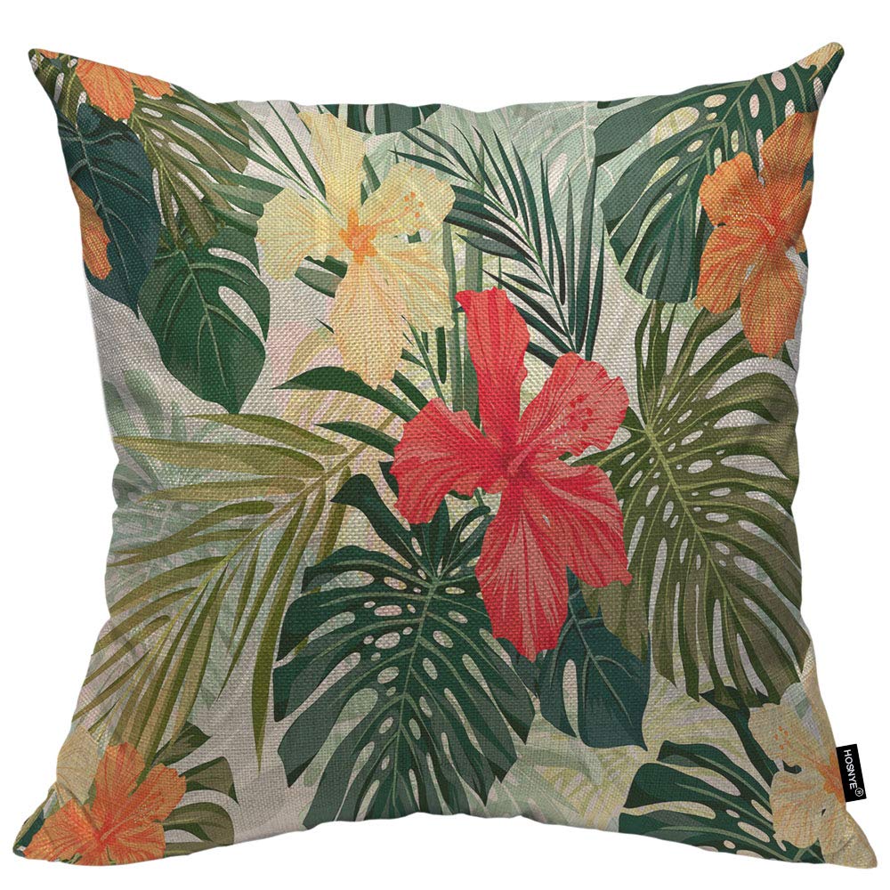 Photo 1 of HOSNYE Hibiscus Flowers Throw Pillow Case Cushion Covers Summer Colorful Hawaiian Tropical Plants Palm Leaf Cotton Linen for Couch Bed Sofa Car Waist 18 x 18 inch