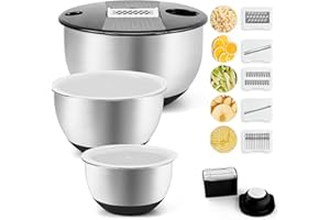 VEKAYA Mixing Bowls Set of 3, Stainless Steel Mixing Bowl with Airtight Lids, Metal Mixing Bowls with 5 Graters, Measurement Marks, Non-Slip Bottoms, Great for Mixing & Prepping, 5/3/1.5 QT (Black)