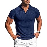 Collared Muscle Shirts for Men Ribbed Knit Slim Fit Polo Shirts Short Sleeve, Mens V Neck T Shirts Casual Stylish