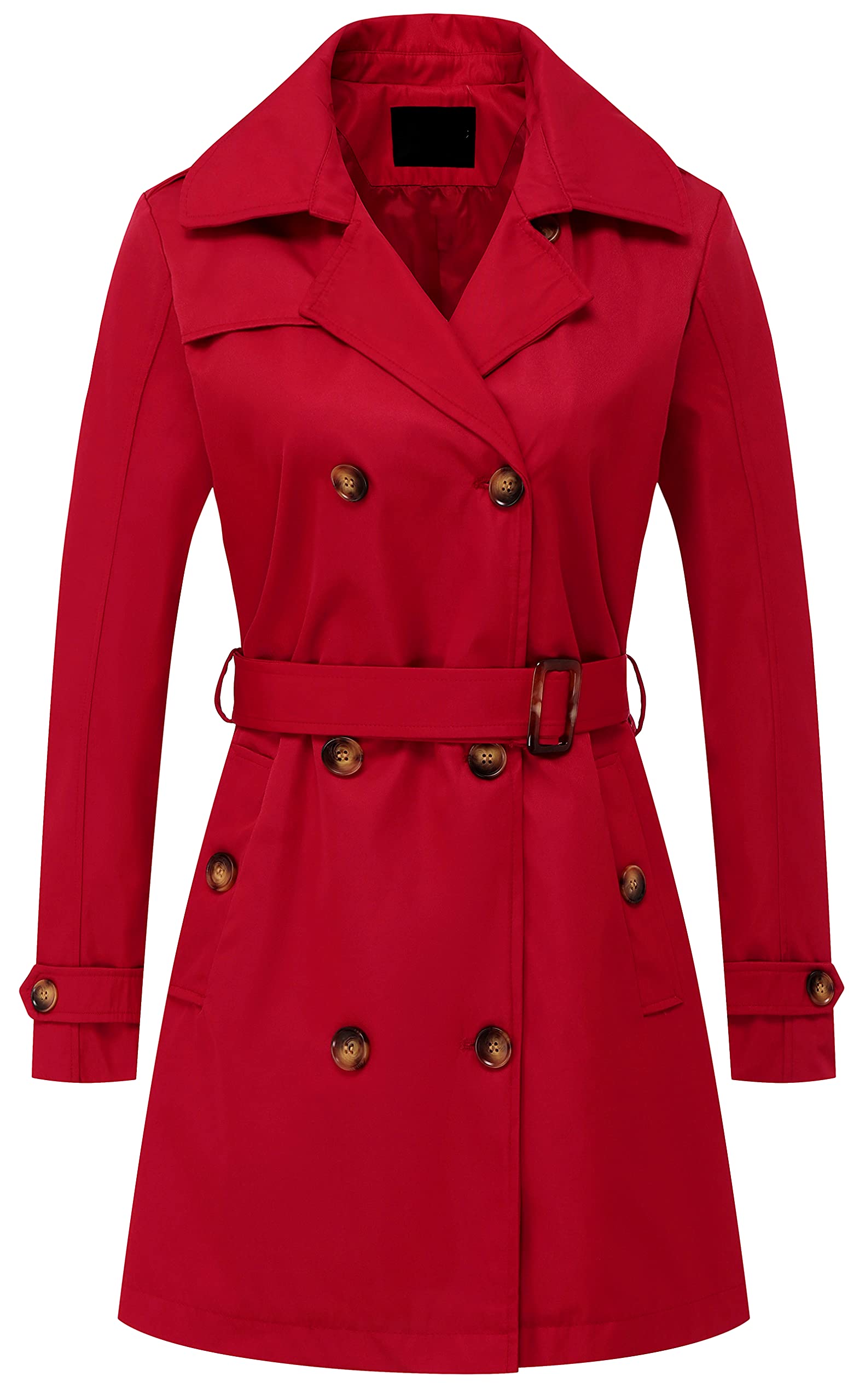 Photo 1 of Women's Long Sleeve Slim Pea Coat Mid-Long Solid Color Trench Coat Slim Outerwear with Belt Red L