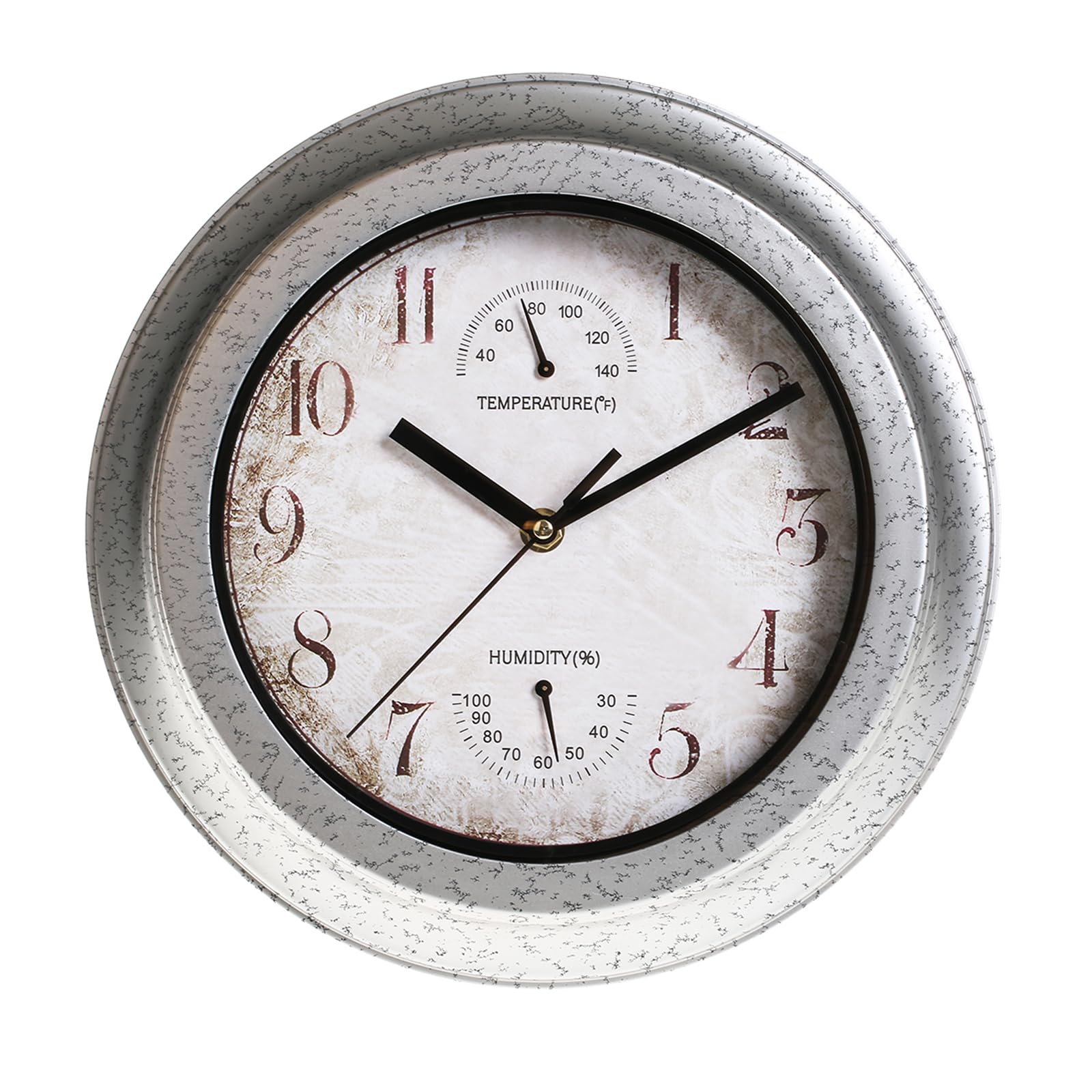 maxant Wall Clock with Thermometer and Hygrometer, Vintage Silent Non-Ticking Wall Clocks, Easy to Read Waterproof Decor Quartz Clock for Outdoor/Indoor Patio Pool Garden Kitchen Living Room (Silver)