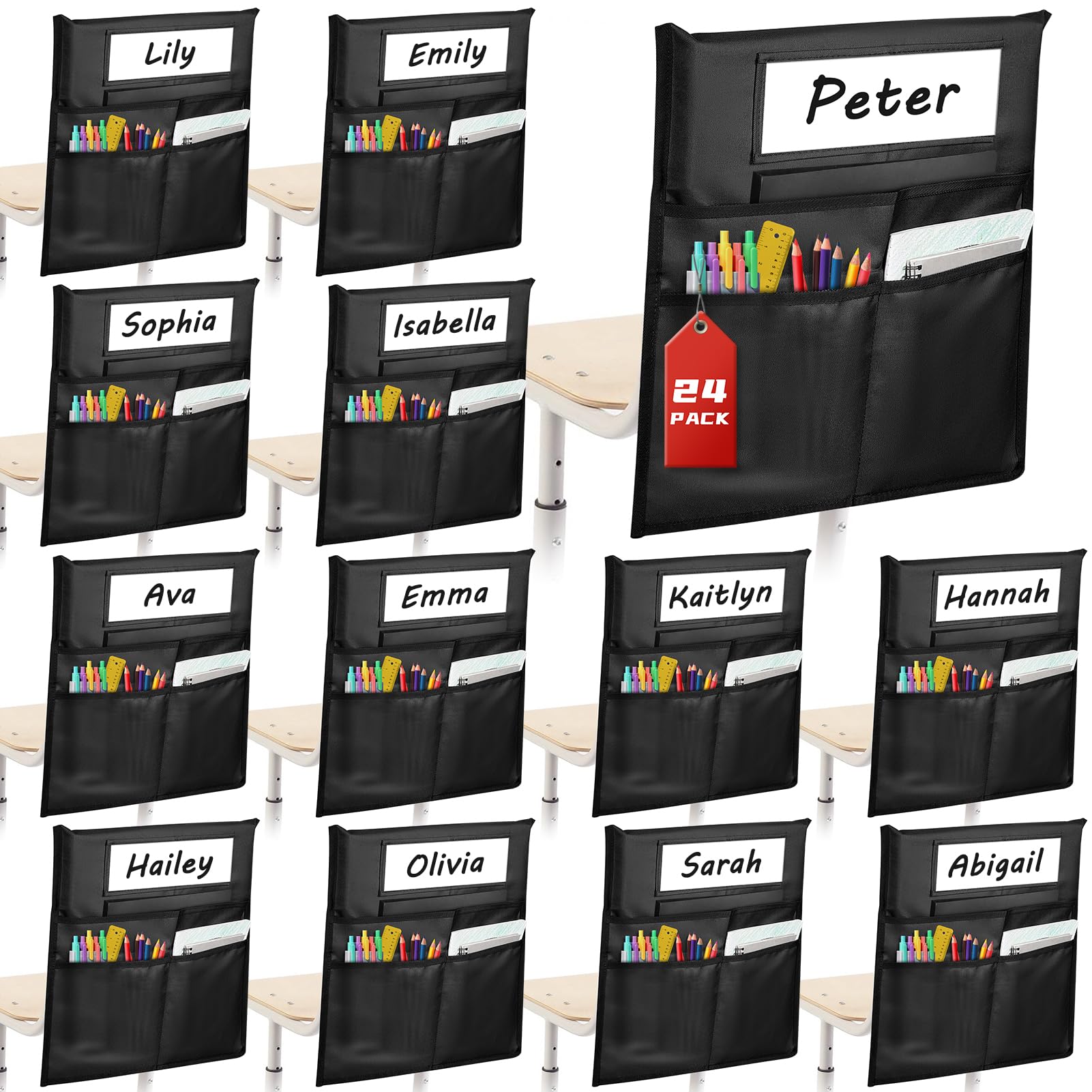 Photo 1 of 24 Pack Chair Pockets for Classrooms, Black Chair Pocket with 3 Heavy Duty Storage Pocket, Chair Back Buddy Pockets with Name Tag Slot, Chair Back Storage Organizer for Classroom, Home, 16 x 19 Inch