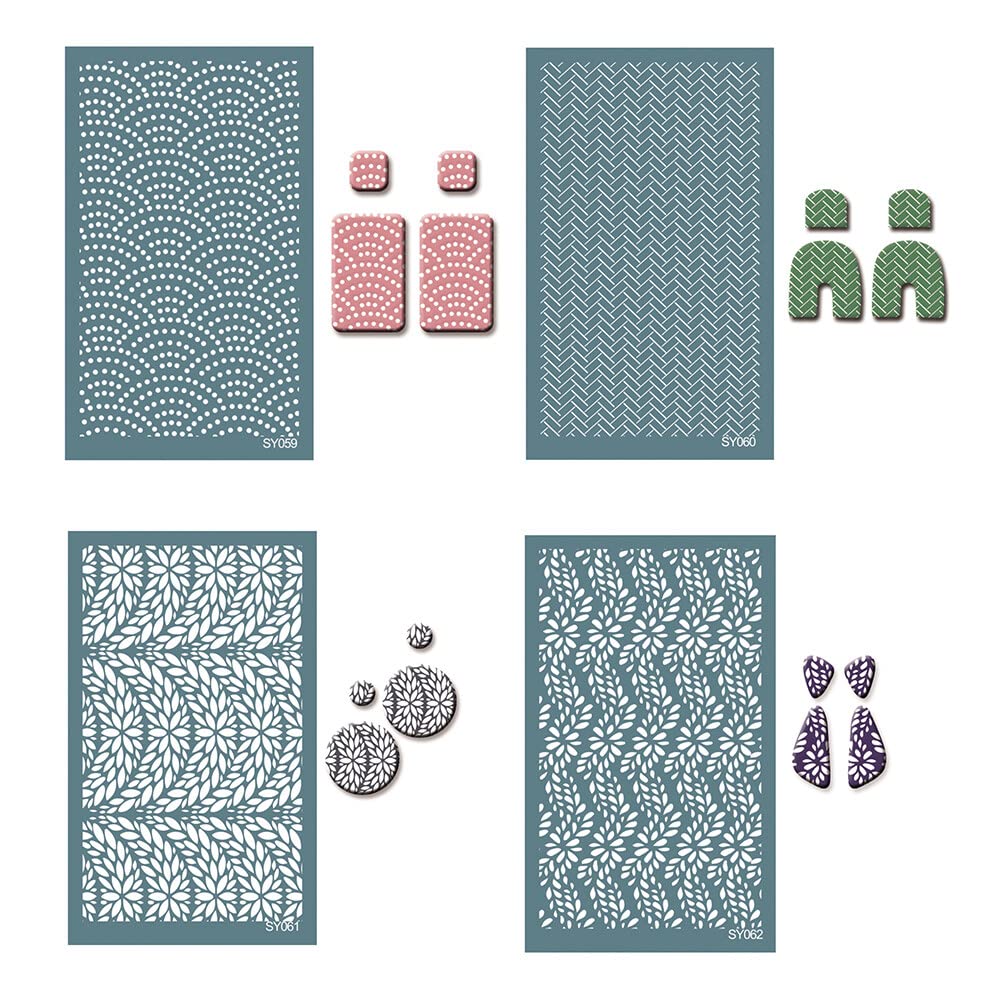 Uposao 4Pcs Silk Screen Stencils for Polymer Clay, Polymer Clay Silkscreen Tool Reusable Silkscreen Print Kit for DIY Polymer Clay Jewelry Making