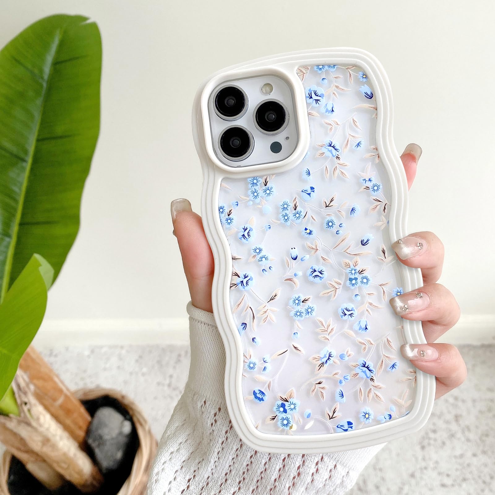 Photo 1 of UEEBAI Wave Frame Clear Case for iPhone 15 Pro Max 6.7 inch, Wavy Flower Case Pretty Floral Cute Curly Clear Case Stylish Soft Phone Case Anti-Yellow Pretty Aesthetic Case for Women and Girl - Blue