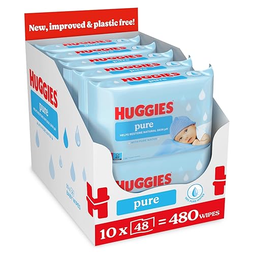 Huggies Pure Plastic Free Baby Wipes - Pack of 10 (480 Wipes) – 99% Water Wet Wipes, Fragrance Free, Hypoallergenic, Better Cleaning, Soft and Gentle on Babies' Delicate Skin