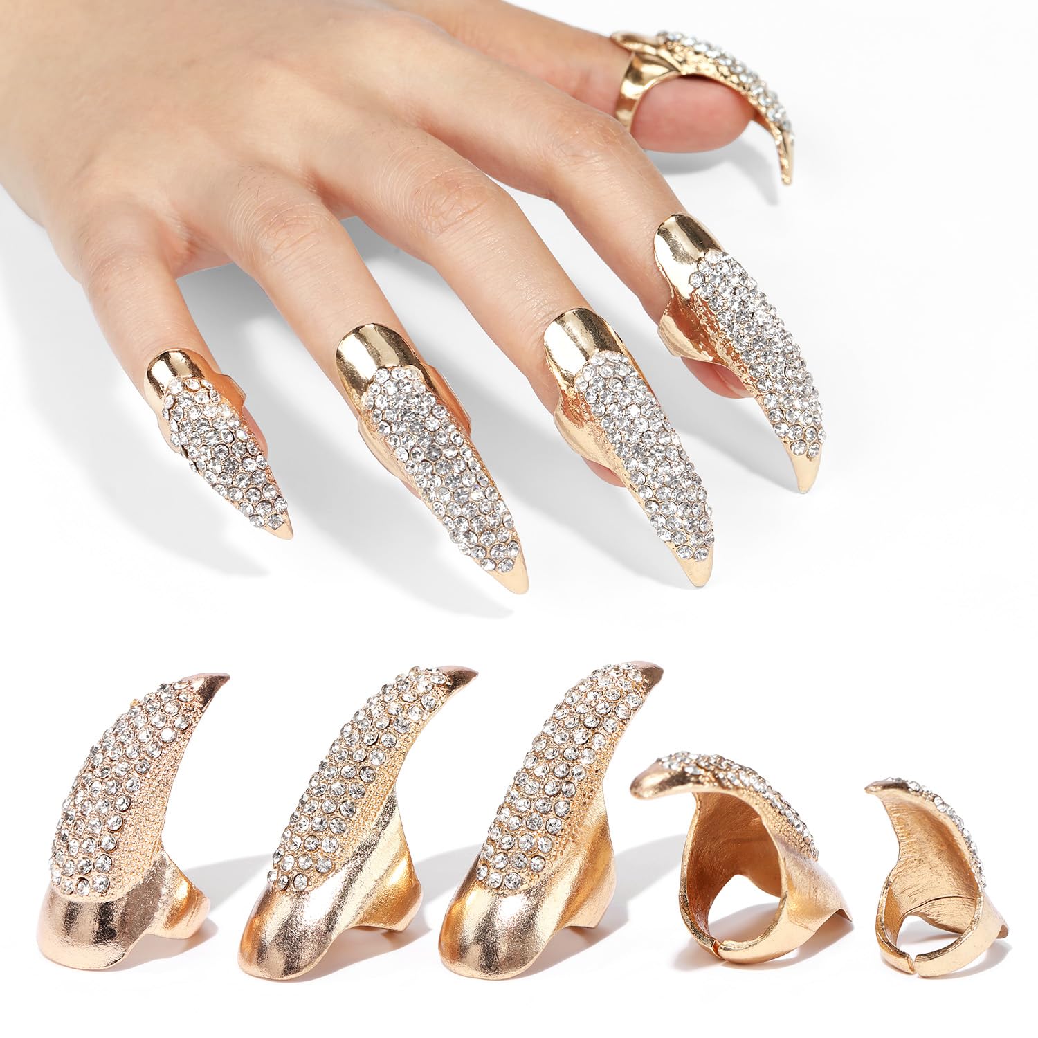 Photo 1 of 10 Pcs Gothic Punk Halloween Costume Accessories Adjustable Claws Ring Set, 3 Sizes Fake Nails Crystal Full Finger Rings for women Men Nail Art Vampire Cat Wolf Cosplay Party (Golden)