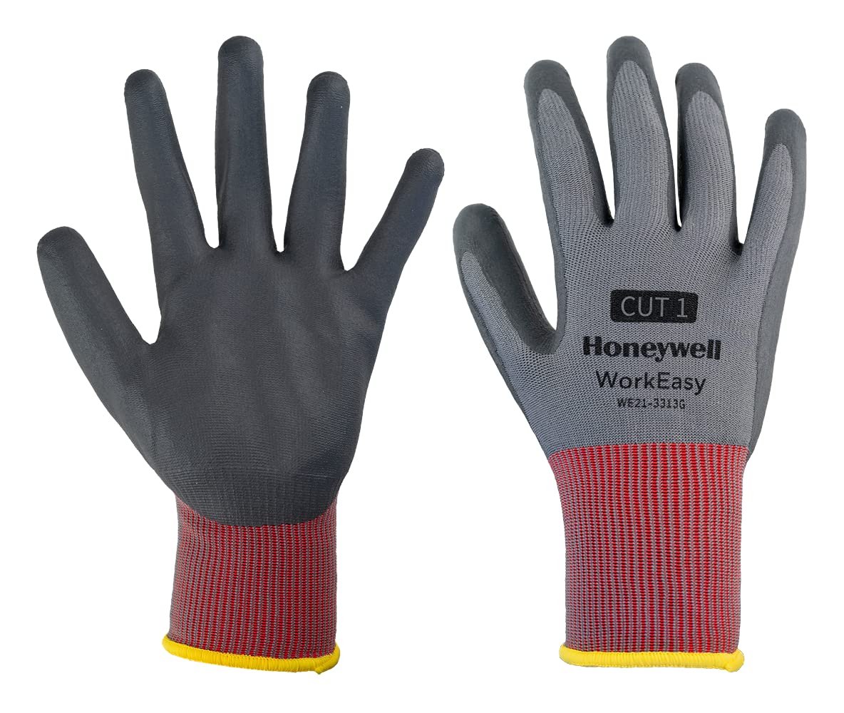 Honeywell WorkEasy Cut Protective Gloves, Cut level 1, Red/Grey Colour, Lightweight Polyester Knit, Dark Grey Microfoam Nitrile Coating, WE21-3313G-7/S, Size 7/S (Pack of 10 Pairs)