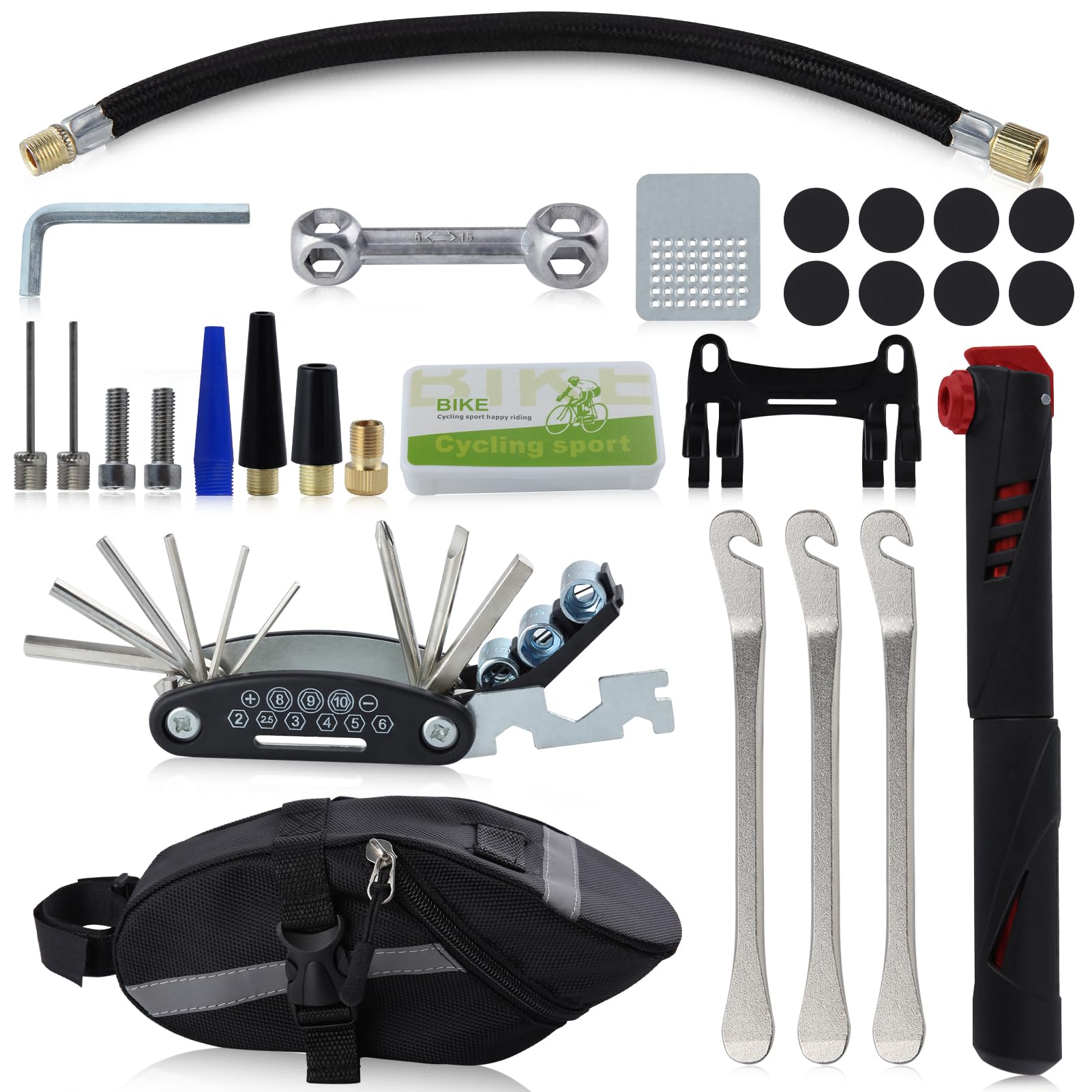 LEONTOOL Bicycle Repair Tools Kit with Saddle Bag, Mini Bike Pump, Multitool, Tire Levers and Patches - Emergency Essentials for Mountain Bike, Camping, Travel