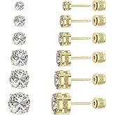 6 pairs Push-in Flat Back Stud Earrings 14K Gold Plated Simulated Diamond Round Cubic Zirconia Earrings Studs Set Hypoallergenic CZ Stud Earrings for Women men