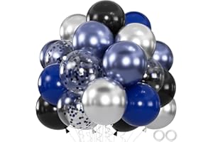 OWPFJG 60pcs Blue and Black Balloon, 12" Navy Metallic Blue & Silver Confetti Balloons for 2025 Graduation, Father’s Day, Birthday Party Supplies (66ft Ribbons)