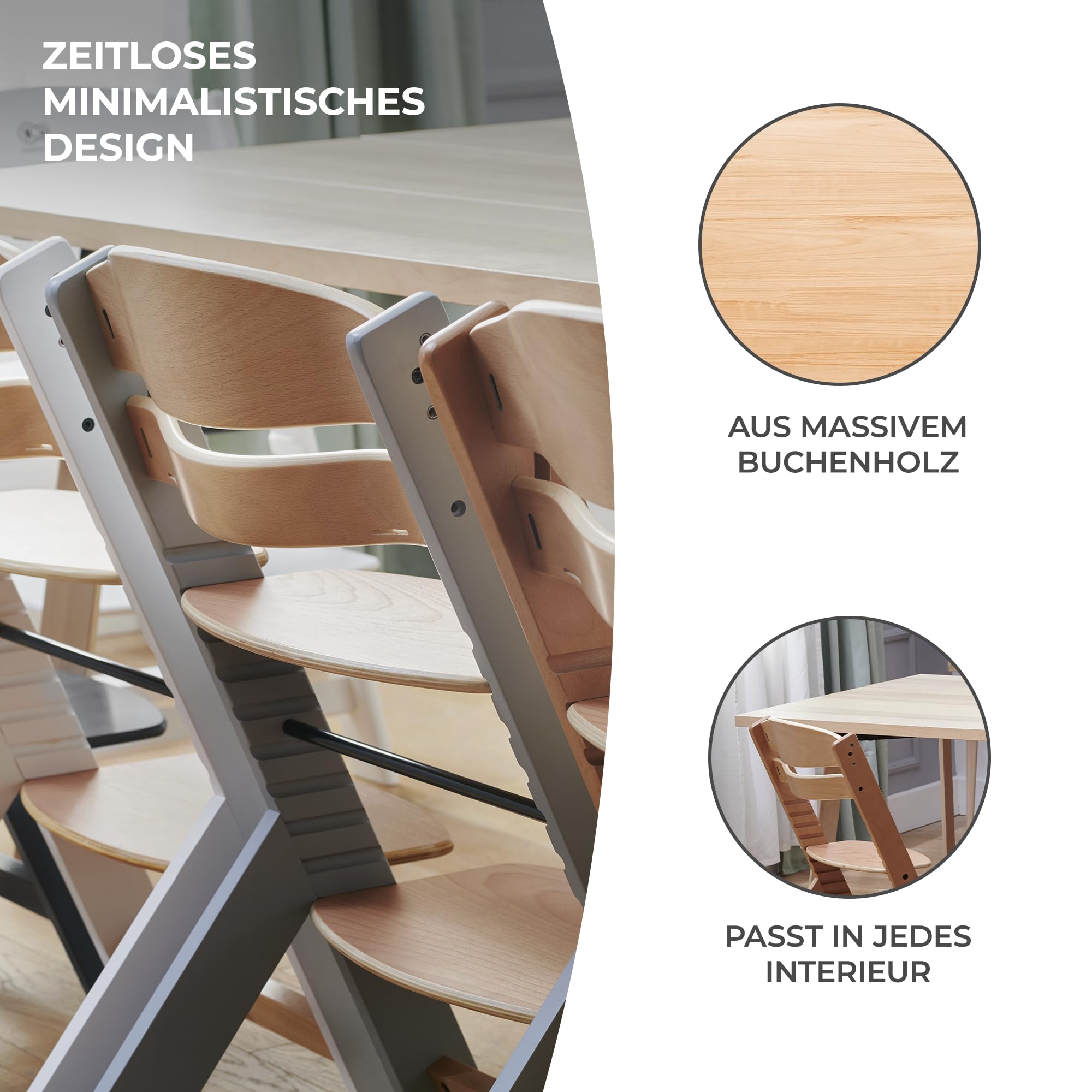 Kinderkraft ENOCK Hochstuhl & Kinderstuhl 2in1 aus Buchenmassivholz, mitwachsend von 6 Monaten bis 10 Jahre, verstellbare Rückenlehne & Fußstütze, 3-Punkt-Gurt, bis 35 kg, Grau 5