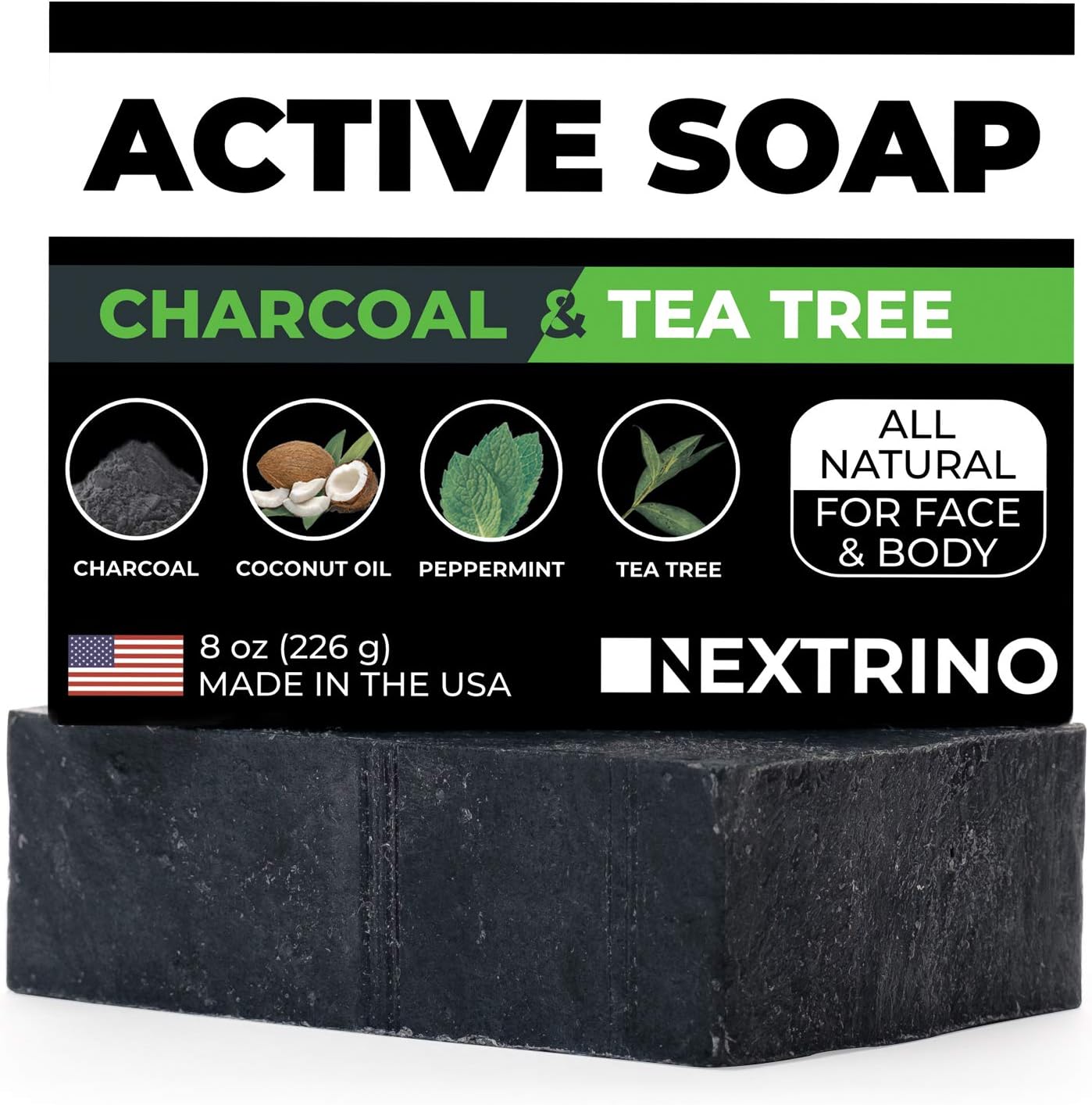 Activated Charcoal Tea Tree Soap - with Peppermint! Made in the USA: All Natural, Vegan Bar Soap with Organic Oils for Face & Body. Wash Away Odor & Germs (Single 4 Ounce Soap Bar)