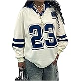 Floerns Women's Plus Size Number Jersey Shirts Oversized V Neck Loose Streetwear Fall Tops