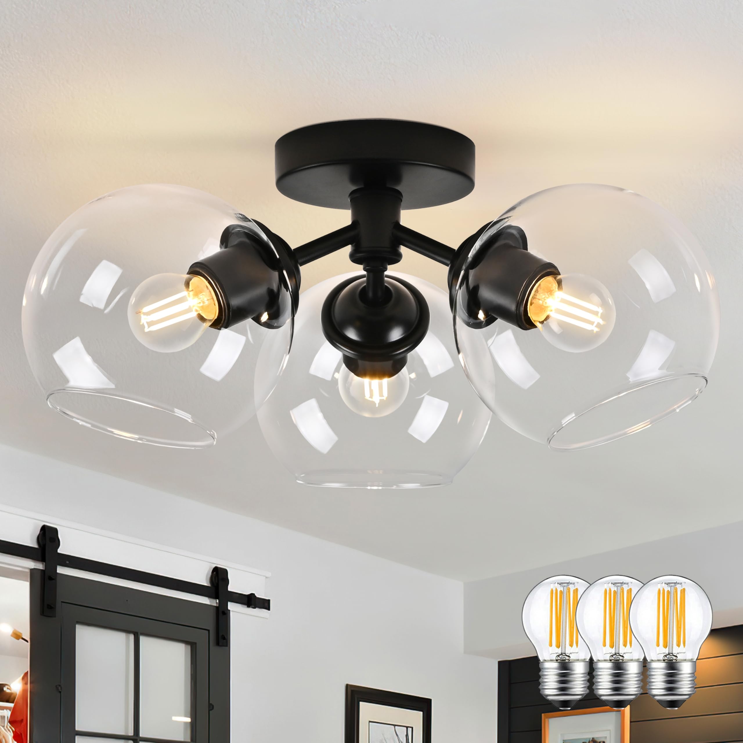 Photo 1 of *PARTIAL SET*
KoKo&Yukina 3-Light Mid Century Modern Black Semi Flush Mount Ceiling Light Globe Sputnik Chandelier Fixture Clear Glass Globe Ceiling Lights for Bedroom Living Room Hallway Entryway Foyer