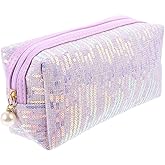 CALLARON Glitter Makeup Bag - 8inch Portable Cosmetic Bag for Women, Trendy Shimmery Evening Purse, Travel Makeup Pouch with Zipper, Sequin Pink Cosmetic Case