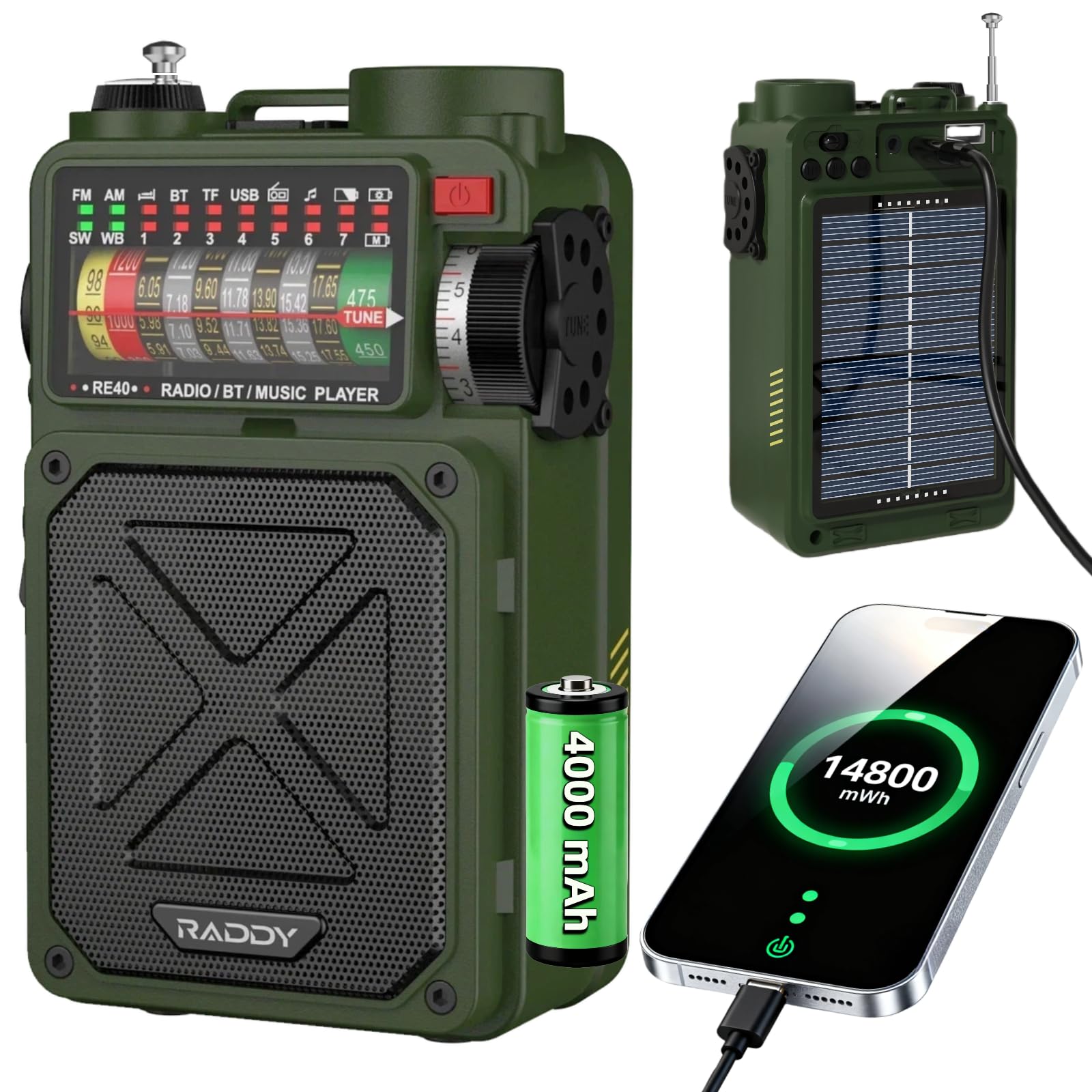 Raddy RE40 Portable Shortwave Radio, FM/AM/SW Receiver, 4000mAh Emergency Radio with Bluetooth, White Noise, SOS, support USB, TF Card, Rechargeable Radio