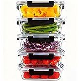 KEKEGO Glass Food Storage Containers Set of 5, Airtight Glass Meal Prep Containers, BPA-Free Lunch Containers for Microwave, Oven, Freezer & Dishwasher Safe(35oz)