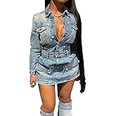 TACSTRUN Women's Sexy Bodycon Denim Dress Long Sleeve Button Down Distressed Washed Jean Dress