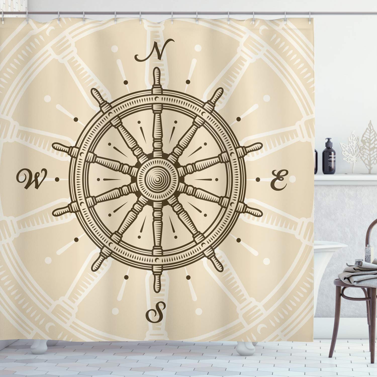 ABAKUHAUS Ships Wheel Shower Curtain, Retro Ship Wheel Antique Sailboat Navigation Tool Monochromic Nostalgic Print, Cloth Fabric Bathroom Decor Set with Hooks, 78 Inches, Beige Brown