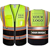 BeautyWill Custom Mesh Safety Vest Customized Logo Class 2 High Visibility Reflective Vest with Pockets Construction workwear (Yellow Black,XL )