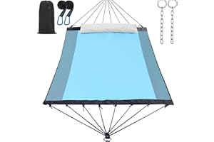 GAFETE 14ft Two Person Outdoor Hammock, Portable Camping with Folding Steel Spreader Bar, Carrying Bag, Carabiners, Tree Straps, Pillow & Sidebag, Quick Dry Textilene, 550 lbs Capacity (Lakeside Aqua)