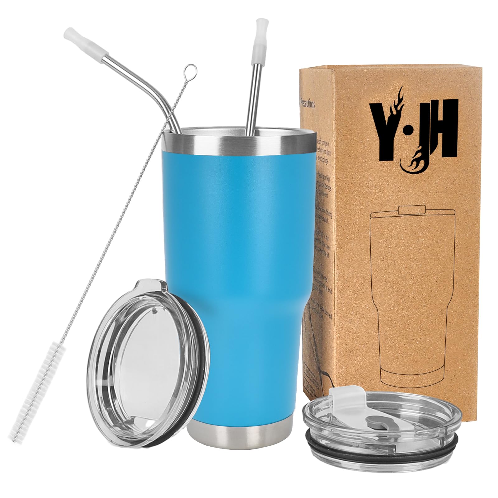 Y·J&H 30oz (850ml) Travel Tumbler Double Wall Vacuum Insulated Coffee Mug Stainless Steel Coffee Cup with 2 Splash Proof Lid, 2 Straws & Free Cleaning Brush, BPA Free - Sky Blue