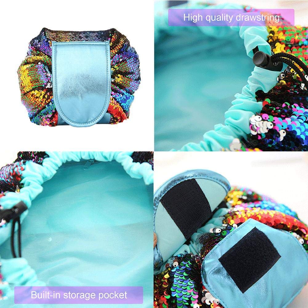 Fanovo Unicorn Lazy Drawstring Cosmetic Bag - Unicorn Makeup Bag,Waterproof Travel Bag Drawstring Makeup Bag Magic Toiletry Bag for Women+ 1 PC Cute Unicorn Ring (Sequin Rainbow)