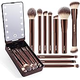 MAANGE Makeup Brush Set 10 Pcs Travel Makeup Brushes Double-ended Kabuki Brush for Foundation Powder Concealers Eye Shadows Makeup Tools Set with LED Light Mirror (Coffee Brown)
