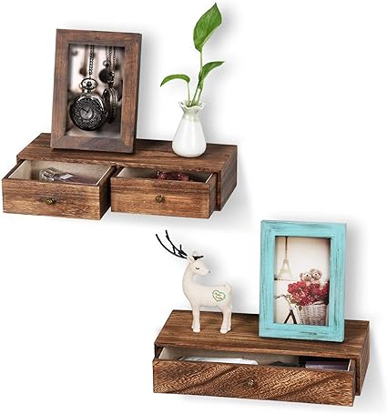 Amazon Emfogo フローティングシェルフ 引き出し付き 素朴な木製ウォールシェルフ 収納とディスプレイ用 多目的ナイトスタンドやベッドサイド シェルフとして 2個セット カーボン仕上げ ブラック インテリア オンライン通販