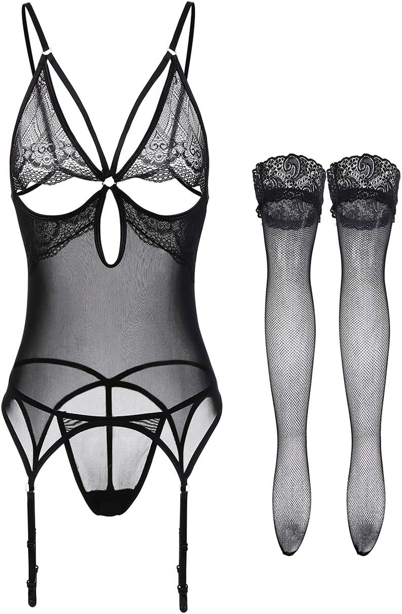 Womens Open Back Halter Teddy 2 pcs Lace & Fishnet Halter Busiter Matching Thong