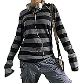 TYHOTULY Women's Striped Tees Fall Y2k Grunge Aesthetic Long Sleeve Shirt Trendy Vintage Emo Scene Clothes Streetwear Outfits