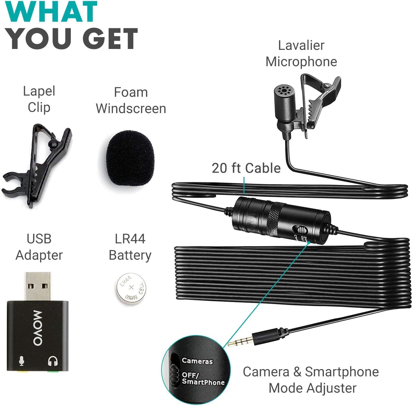 Movo Universal Lavalier USB Microphone for Computer with USB Adapter Compatible with Laptop, Desktop, PC and Mac, Smartphones, Cameras, Podcasting, Remote Work and Laptop Microphone (20-Foot Cord): Musical Instruments